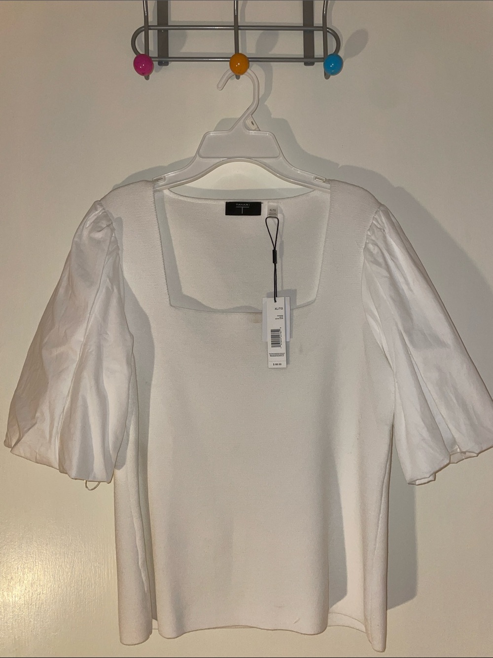 TAHARI Ivory Square Neck Pouf Sleeves Sweater XL